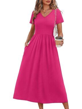 Women's Solid Pink Flowy Casual A Line Midi Beach Sundresses With Pocket